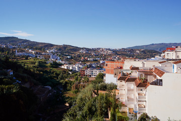 Fototapeta premium Chefchaouen panorama, blue city skyline on the hill, Morocco.