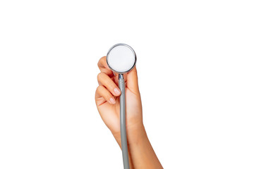 Female hand holding stethoscope isolated on white background, healthcare concept. - obrazy, fototapety, plakaty
