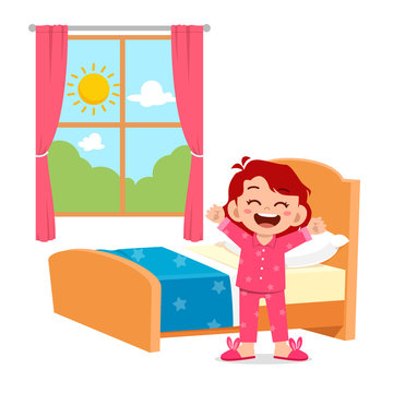 Happy Cute Little Kid Girl Wake Up In The Morning