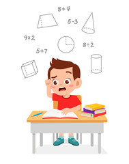 happy cute little kid boy study math