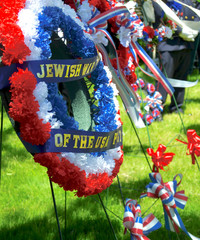 Close-up of a wreath presented by the Jewish War Veterans at the Memorial Day Ceremony in Setauket,...
