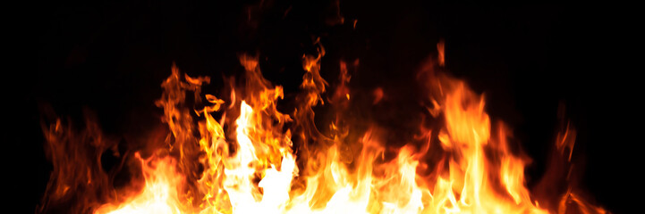 Panorama Fire flames on black background. fire burst texture for banner backdrop.