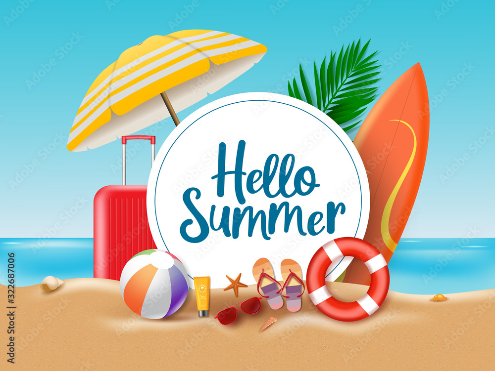 Poster hello summer beach vector concept. hello summer greeting text in circle white frame with colorful be