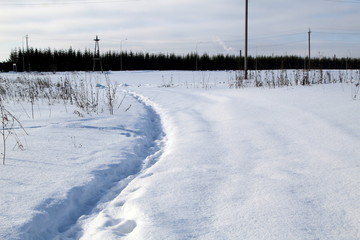 Winter path on a sunny day through the snowdrifts