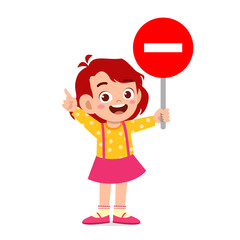 happy cute kid girl with traffic sign