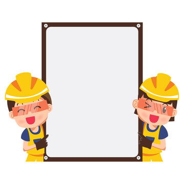 Vector Cartoon illustration of a happy smiling construction worker and pointer with blank label.