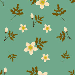 White wood anemone flowers with green leaves seamless pattern on light green background