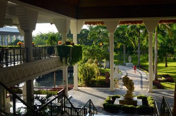 Lobby and grounds of a grand luxury resort in Mexico in the morning