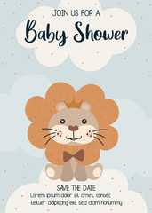 Cute Lion. happy birthday party invitation card design, baby shower invitation card design template.