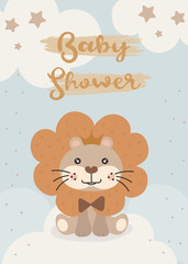 Cute Lion. happy birthday party invitation card design, baby shower invitation card design template.