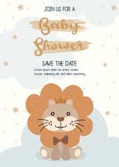 Cute Lion. happy birthday party invitation card design, baby shower invitation card design template.