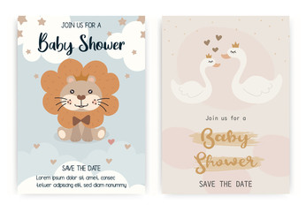Set of cute Lion, swan. happy birthday party invitation card design, baby shower invitation card design template.