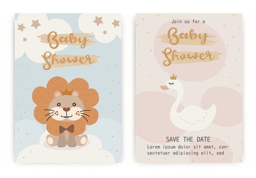 Set of cute Lion, swan. happy birthday party invitation card design, baby shower invitation card design template.