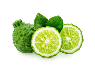Fresh bergamot fruit with leaf isolated on white background