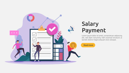 Obraz premium Payroll income concept. salary payment annual bonus. payout with paper, calculator, and people character. web landing page template, banner, presentation, social, and print media. Vector illustration