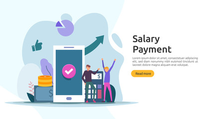 Payroll income concept. salary payment annual bonus. payout with paper, calculator, and people character. web landing page template, banner, presentation, social, and print media. Vector illustration