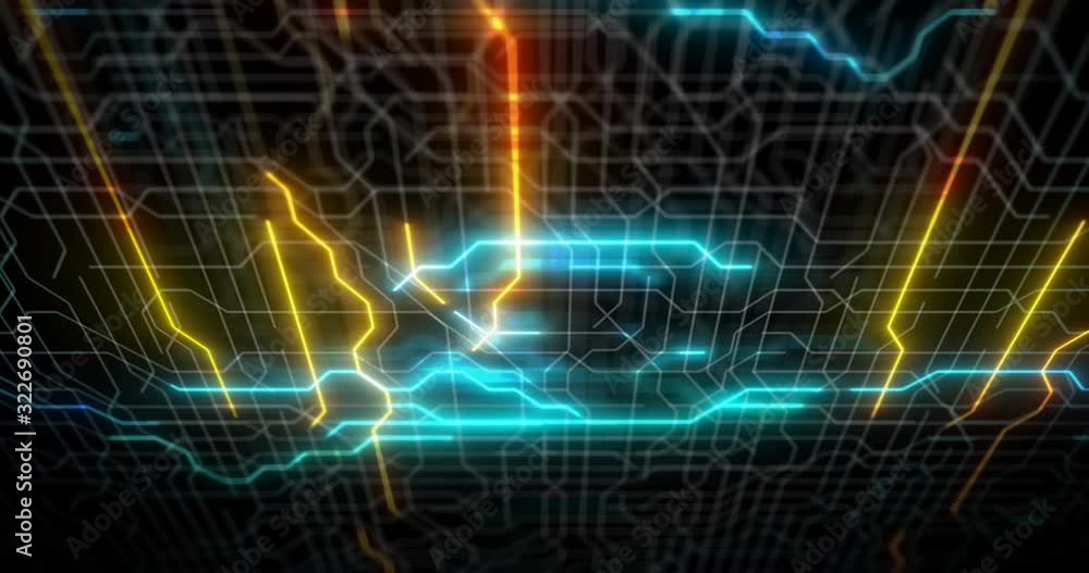 Poster circuit board futuristic server code processing. orange, green, blue technology background with boke