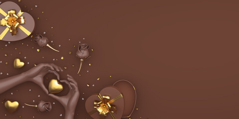 Happy Valentines Day, Rose flower and hand heart shape gift box , gold confetti glitter on brown background. Greeting card, flat lay, banner, layout, top view,  copy space text area. 3D illustration.