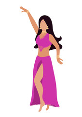 Obraz na płótnie Canvas Vector illustration with a young beautiful brunette who performs belly dance in a traditional costume with decorations. Pink dress and elegant pose. Design or poster for a party, oriental dance school