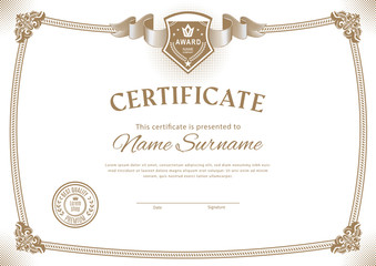 Official white certificate with vintage modern border and emblem. Business modern design.