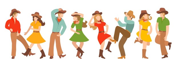 Collection of vector illustrations with pairs of country dancers. Blondites in colorful traditional clothes dance in the American style. Design for cowboy party