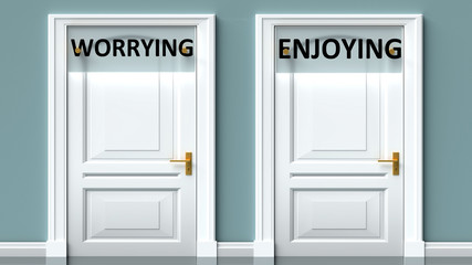 Worrying and enjoying as a choice - pictured as words Worrying, enjoying on doors to show that Worrying and enjoying are opposite options while making decision, 3d illustration