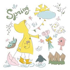 Girl with pink umbrella in yellow raincoat