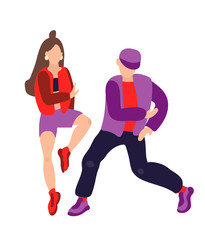 Fototapeta na wymiar Vector illustration with guy and girl dancing hip hop. Teenagers are dressed in modern red and purple clothes. Trend colors and movements. Party or dance school billboard for children and teens.
