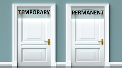 Temporary and permanent as a choice - pictured as words Temporary, permanent on doors to show that Temporary and permanent are opposite options while making decision, 3d illustration