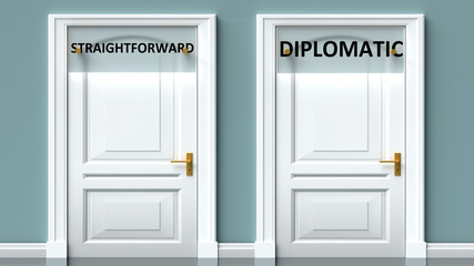 Straightforward and diplomatic as a choice, pictured as words Straightforward, diplomatic on doors to show that these are opposite options while making decision, 3d illustration