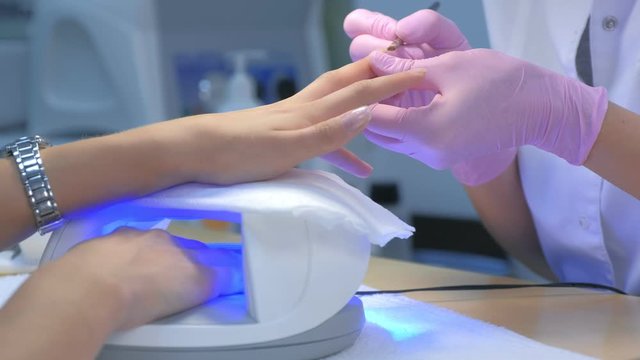 Manicurist master is painting client's nails gel shellac, another hand is drying in UV lamp in beauty salon, hands closeup. Manicurist in gloves is making manicure.