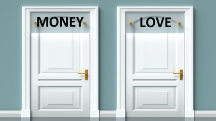 Money and love as a choice - pictured as words Money, love on doors to show that Money and love are opposite options while making decision, 3d illustration