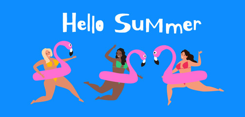 hello summer pretty women in swimsuits with inflatable flamingo vector illustration