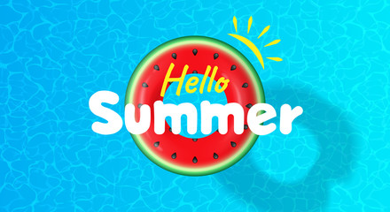 hello summer watermelon inflatable swimming ring in pool vector illustration