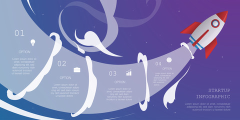 Rocket infographic with 4 options  on night sky Background