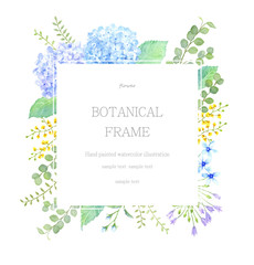 Fototapeta premium あじさいと植物のフレーム 水彩イラスト