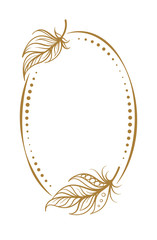 Vector vertical dotted oval frame frame with boho style feathers decoration