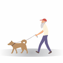 Old man in red cap, t-shirt and jeans walking with brown dog. Grandfather spending time with puppy outdoor. Funny cute dog-fancier. Vectr cartoon illustration isolated on white background.