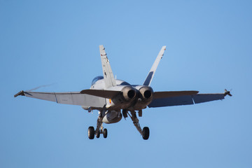 Military aircraft close-up landing on the runway