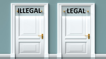 Illegal and legal as a choice - pictured as words Illegal, legal on doors to show that Illegal and legal are opposite options while making decision, 3d illustration