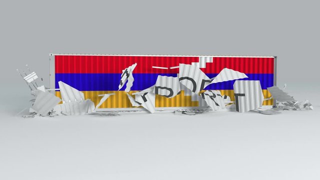 Nagorno Karabakh Republic container with the flag falls on top of a container labeled EXPORT and breaks it