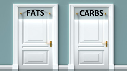 Fats and carbs as a choice - pictured as words Fats, carbs on doors to show that Fats and carbs are opposite options while making decision, 3d illustration