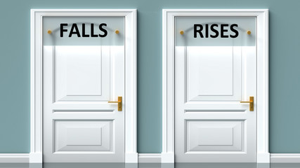 Falls and rises as a choice - pictured as words Falls, rises on doors to show that Falls and rises are opposite options while making decision, 3d illustration