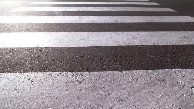 pedestrian crossing the texture of asphalt with white stripes of bright sunlight