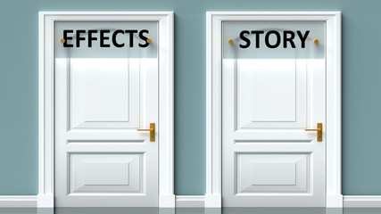 Effects and story as a choice - pictured as words Effects, story on doors to show that Effects and story are opposite options while making decision, 3d illustration