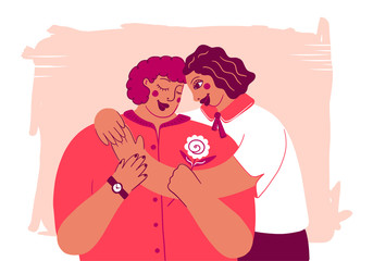 Happy Mothers Day holiday love postcard with lettering. Daughter hugs beloved mother. Two women hugging