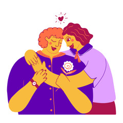 Happy Mothers Day holiday love postcard with lettering. Daughter hugs beloved mother. Two women hugging