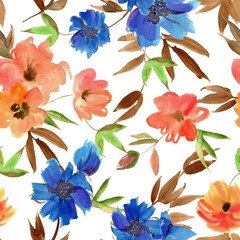 Watercolor hand painted seamless pattern with blue flowers 