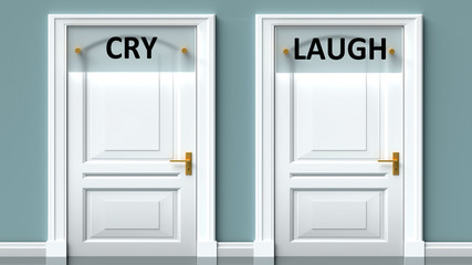 Cry and laugh as a choice - pictured as words Cry, laugh on doors to show that Cry and laugh are opposite options while making decision, 3d illustration