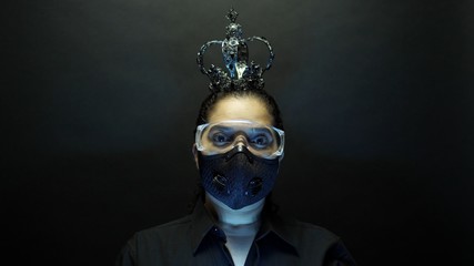 Woman in urban protective air mask with glasses, wearing crown or corona. Coronavirus pathogen...